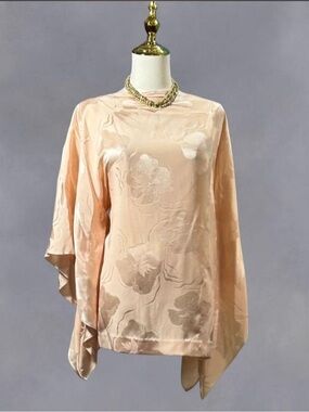 Handmade Vintage feminine peach floral fairy silk flowy sleeve blouse Sz S